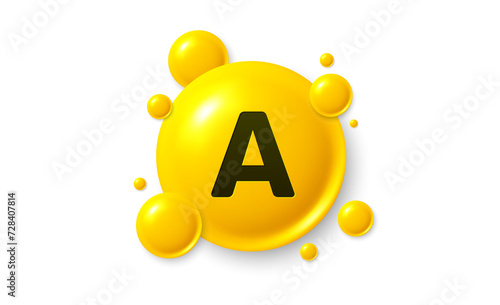 Vitamin A shining pill capsule icon. Shining golden substance drop. Meds ads. Medical nutrition for health. Pharmacy healthcare supplements. Vitamin A medicine. Vector illustration.