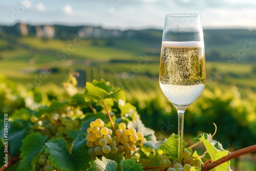 Experience the sampling of high-quality sparkling white wine with effervescence, overlooking lush vineyards of pinot noir and meunier in France.