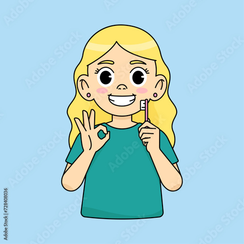A girl brushes her teeth, holds a toothbrush, the other hand shows an OK sign with her fingers. Concept of cleanliness and dental hygiene