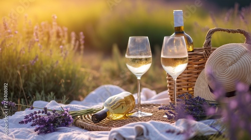 A pair of wine glasses and a bottle against a backdrop of a lavender field, with a straw hat and a bouquet of lavender in a basket on a picnic blanket photo