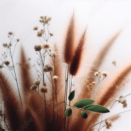 Selective focused of brown flower grass with green leaf with white background