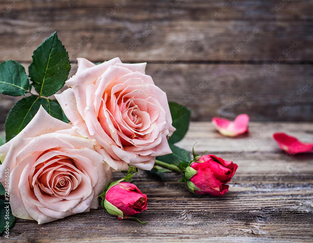 Pink roses on the wooden table Pink roses on the wooden table