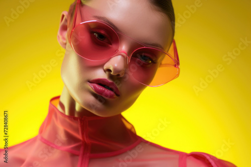Model with pink sunglasses and glossy lips on yellow background.