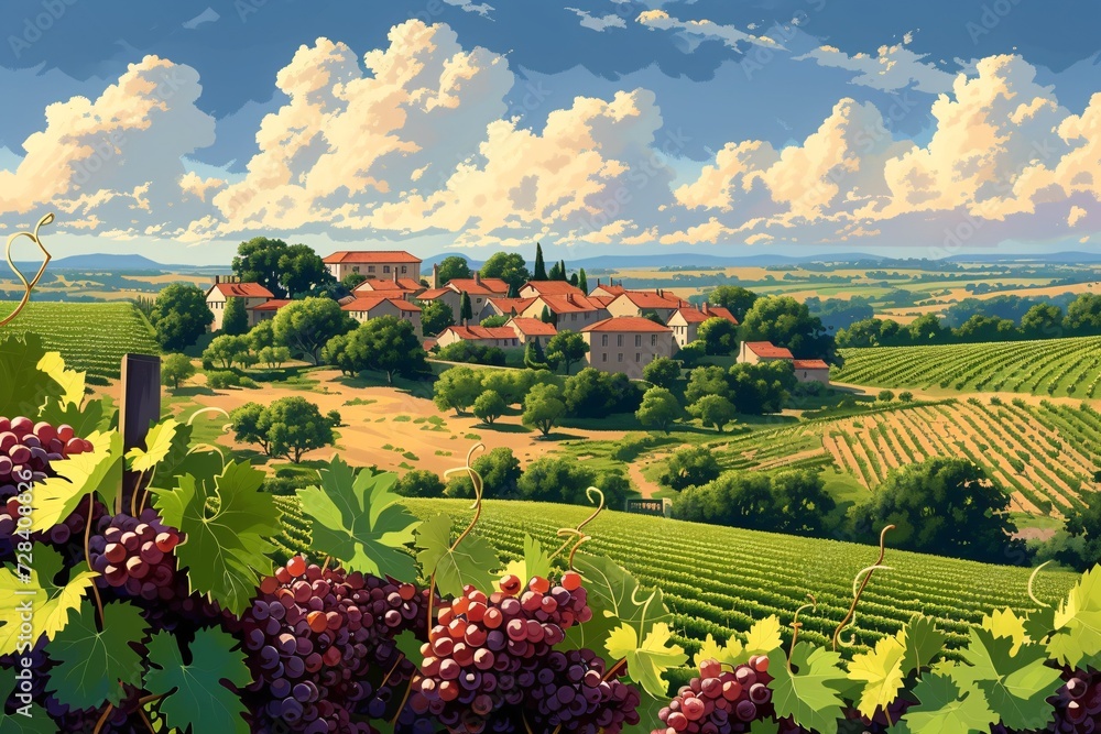 Famous vineyard in Bourgogne, France offering wine sampling and showcasing popular grape varieties through beautiful illustrations of the French landscape 
