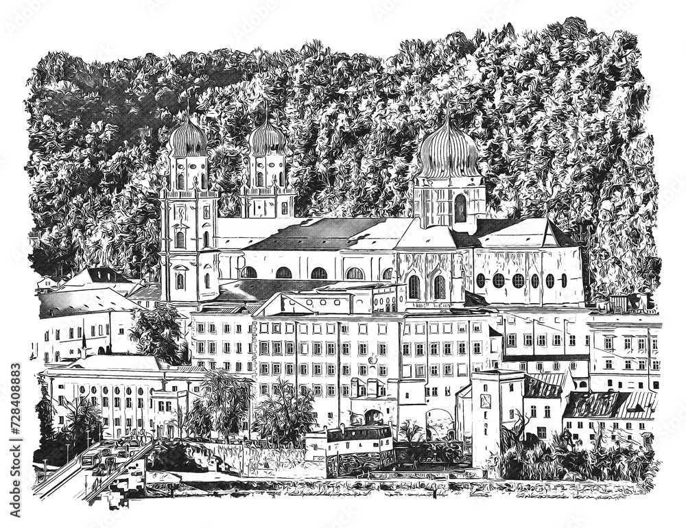 The old town of Passau, Germany, famous for its Baroque architecture, including St. Stephen's Cathedral, features distinctive onion-domed towers, ink sketch illustration.