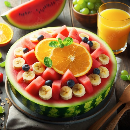 watermelon and banana fruit salad with fresh orange juice