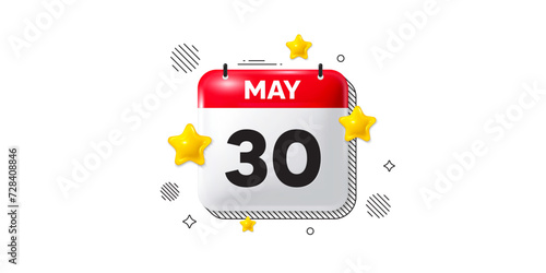 Calendar date 3d icon with stars. Month event schedule date. Meeting appointment calendar, time planner reminder banner. Diary organizer. May 30th calendar date. Vector illustration