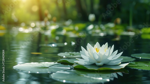 White lotus flowers on green pond nature. Beautiful water lily flowers in calm water on green forest background. Reflection glare of leaves in lake. WIld spring garden 