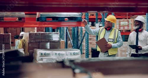 Man, supply chain and team checking storage for inspection, inventory or production in warehouse. Male person, engineer or contractors walking with clipboard and tablet for stock and quality control photo