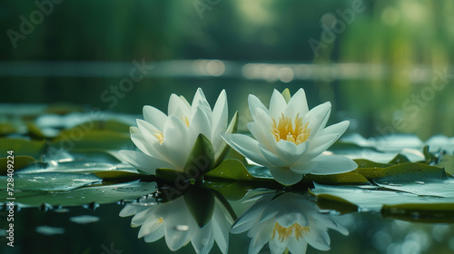 White lotus flowers on green pond nature. Beautiful water lily flowers in calm water on green forest background. Reflection glare of leaves in lake. WIld spring garden 