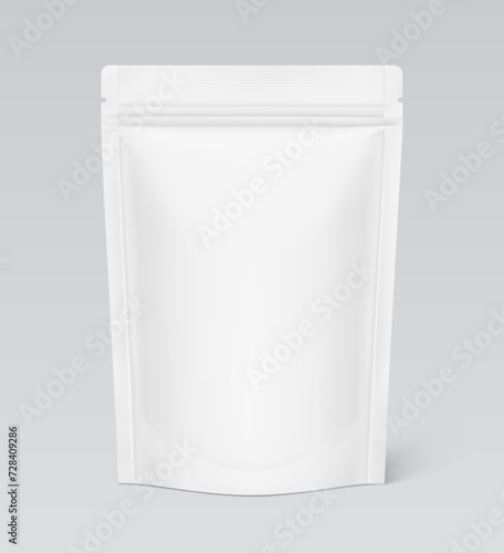 Realistic stand up pouch bag mockup with shadow. Vector illustration isolated on grey background. Easy to make a realistic mockup of your product. EPS10.