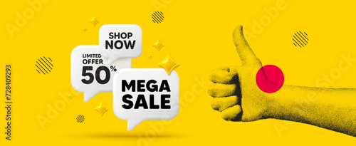 Hand showing thumbs up gesture. Concept of sale discounts offer with 3d chat speech bubble. Design for banner, flyer, poster or yellow brochure. Like hand in dotted grain style. Vector illustration photo