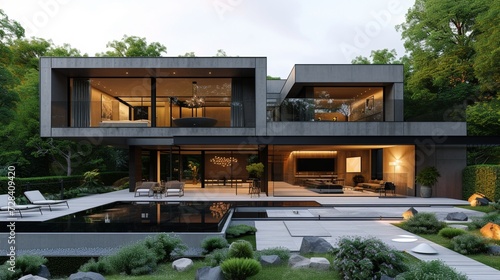A suburban oasis with sleek exteriors and landscaped gardens.