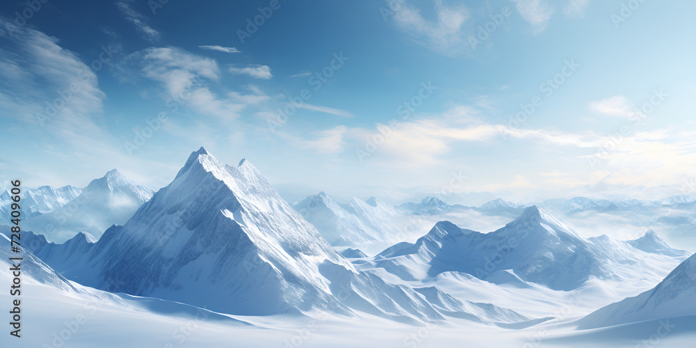Mountain covered in snow with a blue sky background

