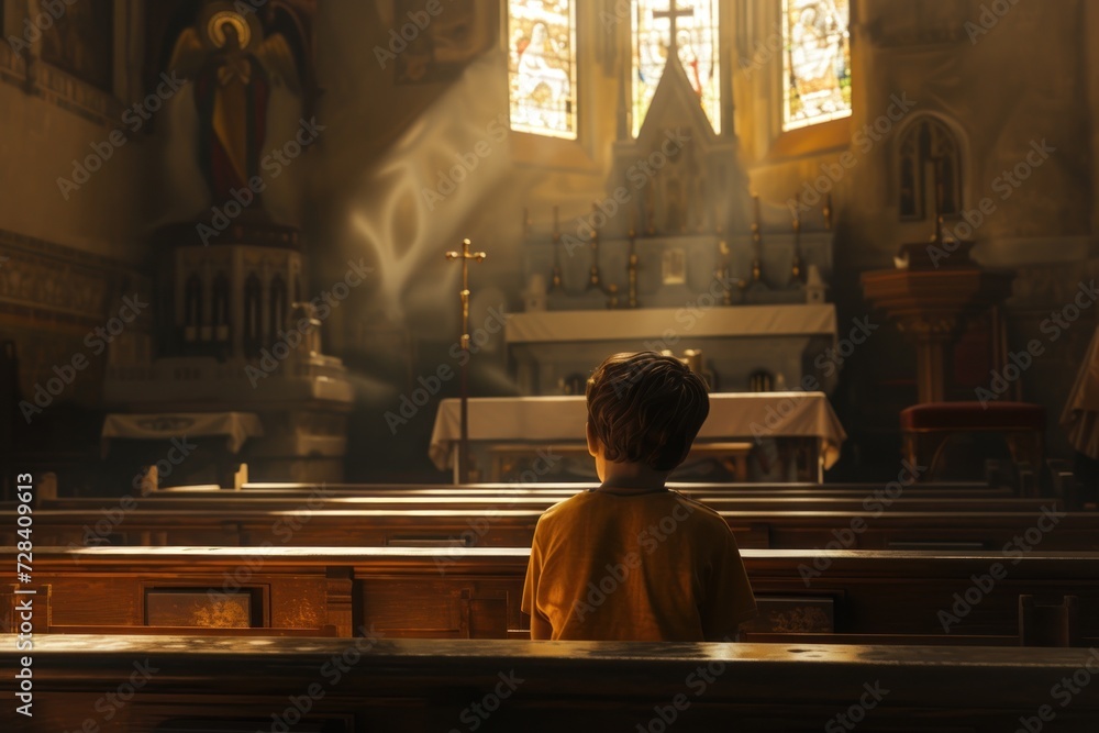 Boy is seated on a bench inside a church, contemplation or prayer Boy is seated on a bench inside a church, contemplation or prayer