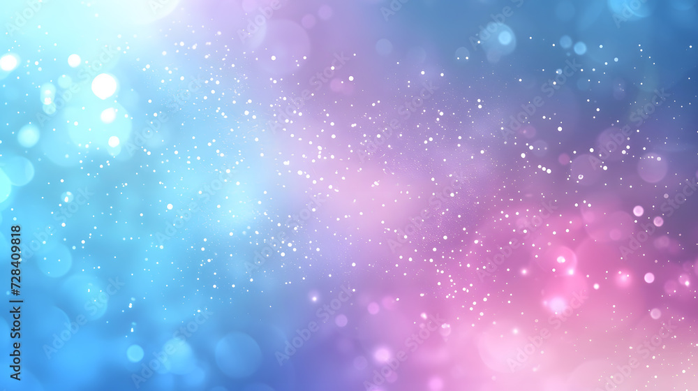 a colorful abstract composition of pink, blue, and purple hues, with a galaxy-like pattern of white speckles and bokeh effects.