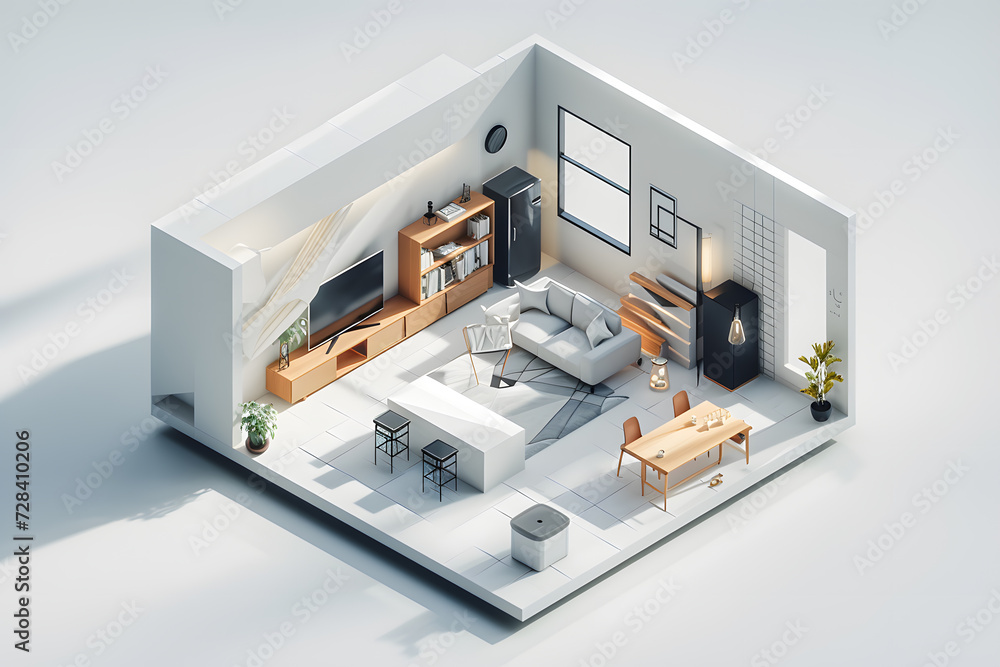 A 3D render of a modern living room with two couches, a coffee table, a potted plant, a bookshelf, and various decorative items. The image has a blue background. A 3D render of a modern living room with two couches, a coffee table, a potted plant, a bookshelf, and various decorative items. The image has a blue background.