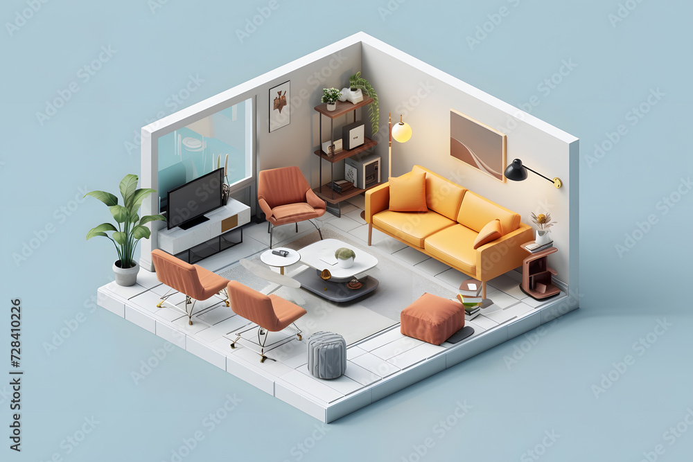A 3D render of a modern living room with two couches, a coffee table, a potted plant, a bookshelf, and various decorative items. The image has a blue background. A 3D render of a modern living room with two couches, a coffee table, a potted plant, a bookshelf, and various decorative items. The image has a blue background.