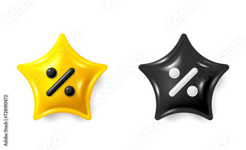 Sale star 3d balloons. Discount party balloons. Balloons for sale discounts  marketing and business. Shine golden 3d star balloon with percent sign. Sale offer elements. Vector illustration
