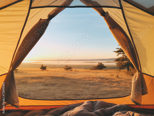 morning view of landscape through tent door 1