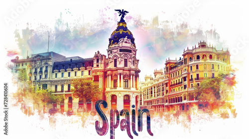 Travel to Spain country illustration background with a mix of Spanish flag colors and architecture of Spain isolated on white backdrop