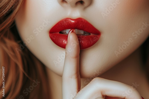 Woman asking silence in the room doing the gesture of putting her finger in front of her mouth