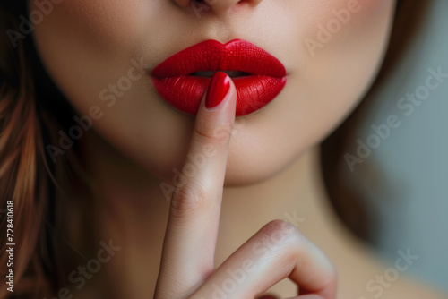 Woman asking silence in the room doing the gesture of putting her finger in front of her mouth