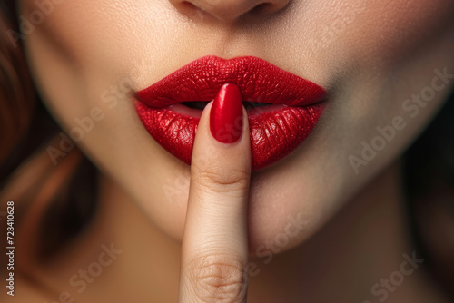 Woman asking silence in the room doing the gesture of putting her finger in front of her mouth photo