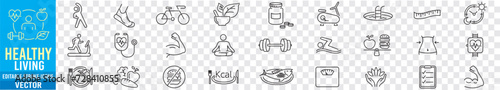 Healthy Lifestyle editable line icons wellness relaxation health exercise yoga spa diet wellbeing collection.
