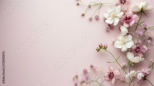 A background adorned with delicate pink and white spring flowers against a soft pink backdrop, the composition includes a designated area for text.