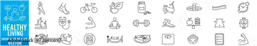 Healthy Lifestyle editable line icons wellness relaxation health exercise yoga spa diet wellbeing collection.