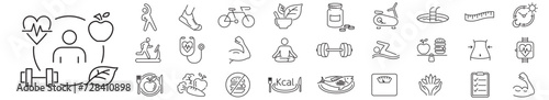 Healthy Lifestyle editable line icons wellness relaxation health exercise yoga spa diet wellbeing collection.