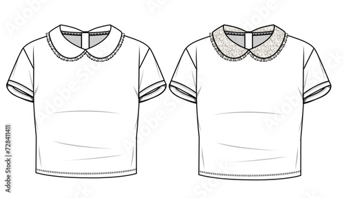 women short sleeve ,peter pan collar,baby collar basic tshirt fashion vector,flat sketch,drawing	