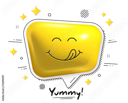 Yummy smile 3d emoticon with tongue lick mouth. Tasty food eating emoji face. Delicious cartoon emotion with tongue. Smile face speech bubble design. Savory gourmet. Yummy vector