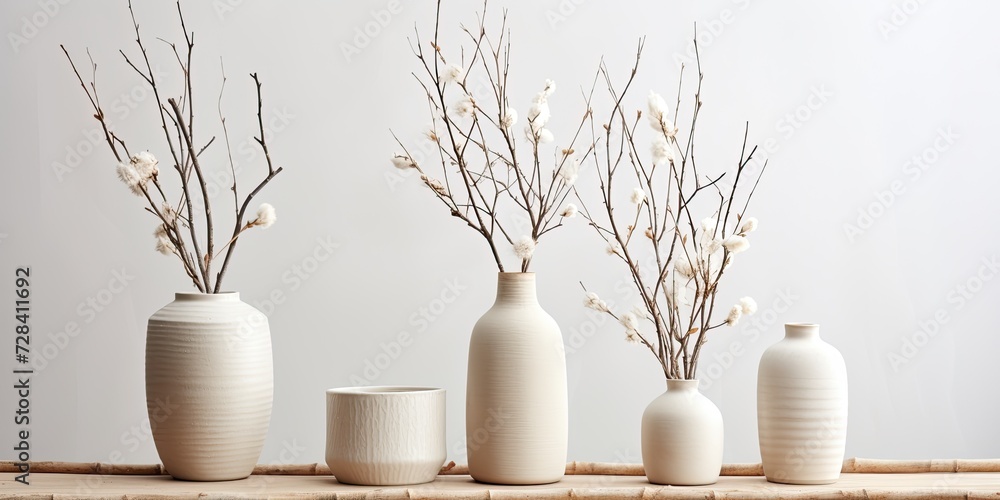 Stylish Scandinavian interior with beige ceramic vases and dry cotton branches, ideal for displaying products in a modern home. - obrazy, fototapety, plakaty 