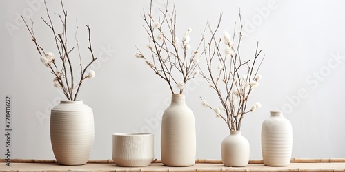 Stylish Scandinavian interior with beige ceramic vases and dry cotton branches, ideal for displaying products in a modern home.