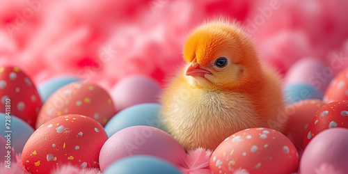 Close-up of fluffy baby chicks nestled among pastel-colored eggs. Easter card concept.. © Falk