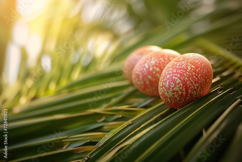 Easter background with colored eggs on palm leaf. Generative AI