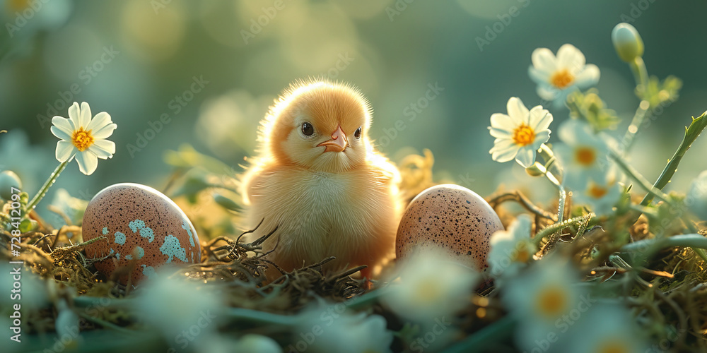 Easter postcard, portraying baby chicks with eggs on spring colorful floral background. 