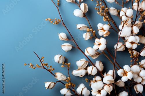 Branch with white fluffy cotton flowers on a blue background. Delicate  light  beautiful cotton background. Natural organic fiber  agriculture  cotton seeds  raw materials for fabric production 