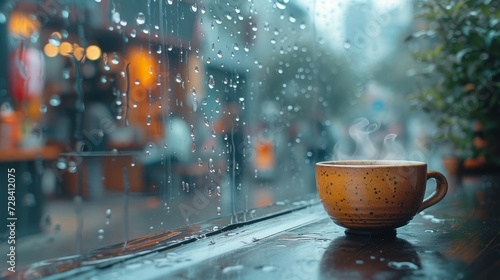 Rainy day comfort with a hot cup of coffee on a wet window ledge