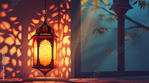 3d modern Islamic holiday banner.Ramadan glow lantern.