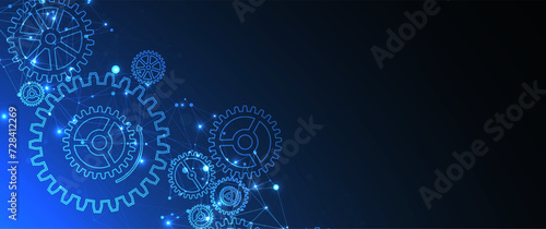 Abstract blue technological background  with cogwheels and plexus effect. Vector