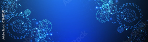 Abstract blue technological background  with cogwheels and plexus effect. Vector