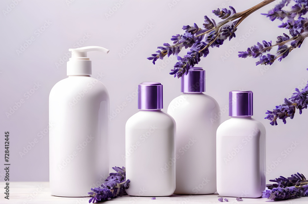 Mockups of cosmetics bottles. Bottles and cosmetic dispenser on light lilac background with lavender. Beauty, cosmetology, skin care, spa salon Mockups of cosmetics bottles. Bottles and cosmetic dispenser on light lilac background with lavender. Beauty, cosmetology, skin care, spa salon