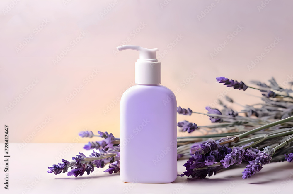 Cosmetics bottle mockup. Cosmetic dispenser on light lilac background with lavender. Beauty, cosmetology, skin care, spa salon Cosmetics bottle mockup. Cosmetic dispenser on light lilac background with lavender. Beauty, cosmetology, skin care, spa salon