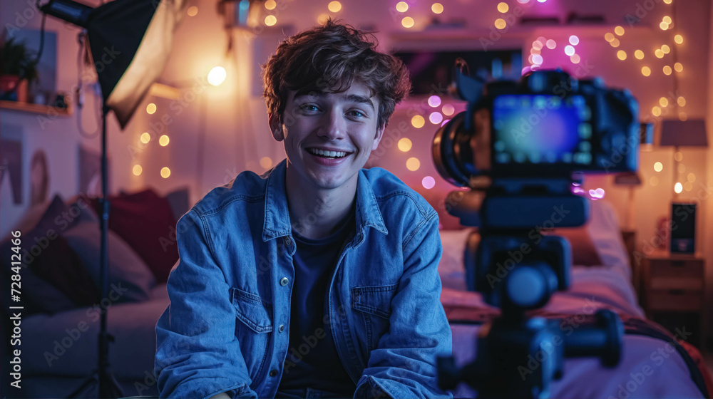 Obraz premium Man Content Creator Recording in a Studio, Happy and Smiling. Man Influencer, Man Streamer And Man Youtuber. Professionalism in Influencing