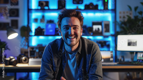Charismatic Male Influencer Laughing in Tech-Filled Studio, Engaging Content Creator. Man Influencer, Man Streamer And Man Youtuber. Professionalism in Influencing