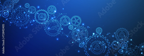 Abstract blue technological background  with cogwheels and plexus effect. Vector