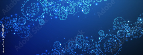 Abstract blue technological background  with cogwheels and plexus effect. Vector